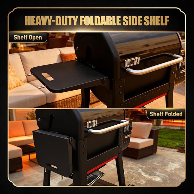 QuliMetal Foldable Side Shelf for Weber Searwood 600 & 600XL Grill, Black Powder Coated Metal Side Table with Built-in Hooks, Grill Side Shelf Accessory