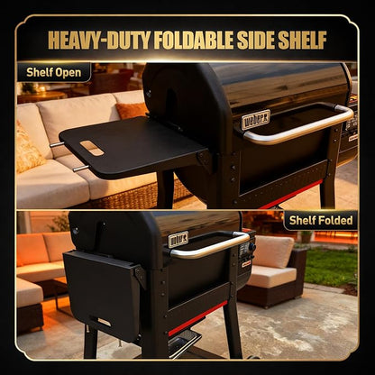 QuliMetal Foldable Side Shelf for Weber Searwood 600 & 600XL Grill, Black Powder Coated Metal Side Table with Built-in Hooks, Grill Side Shelf Accessory
