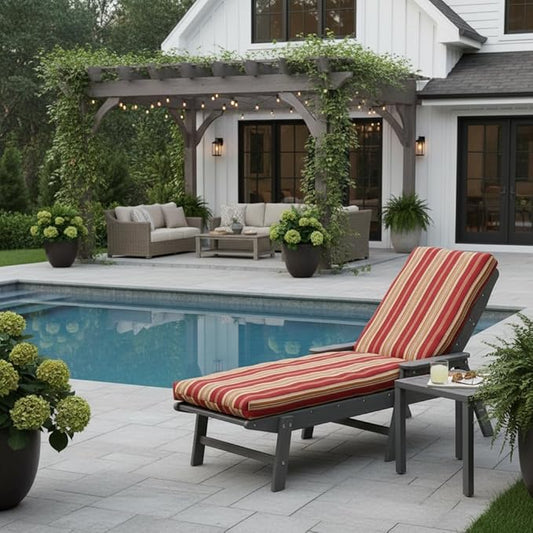 Modern Outdoor Chaise Lounge Cushion with Ties – Durable Polyester Fabric, Channel-Filled Polyfiber Insert, Removable Zippered Cover, Roma Stripe
