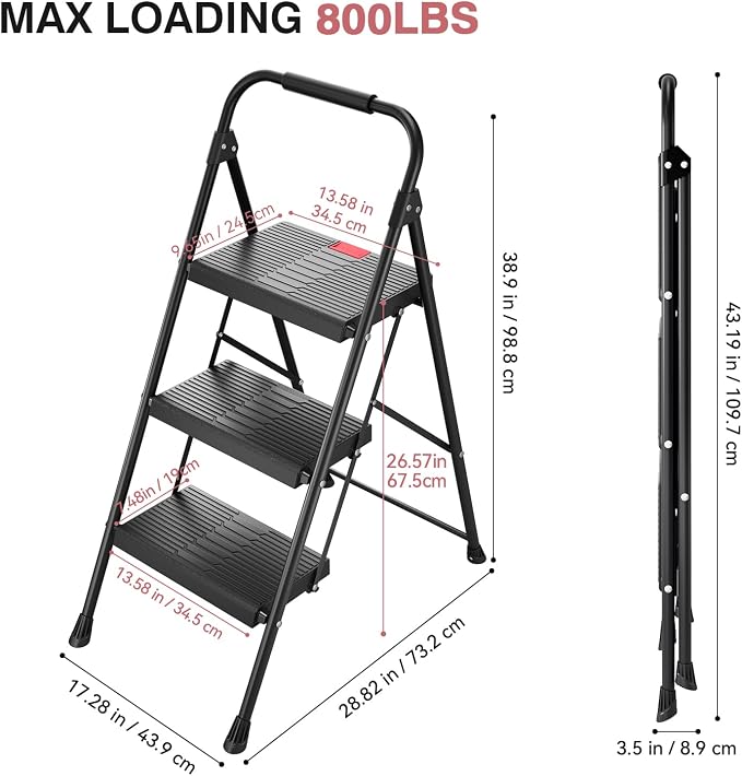 TOOLF 3 Step Ladder, Folding Steel Step Ladder with Handrail, Black | 500 lb Capacity, Wide Anti-Slip Pedals, Steel Frame, Safety Handrail, Foldable, Indoor & Outdoor Use