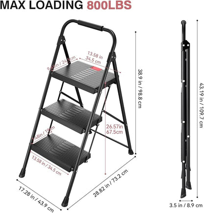 TOOLF 3 Step Ladder, Folding Steel Step Ladder with Handrail, Black | 500 lb Capacity, Wide Anti-Slip Pedals, Steel Frame, Safety Handrail, Foldable, Indoor & Outdoor Use