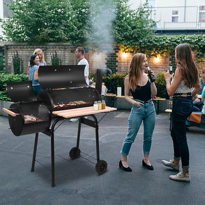 BBQ Grill Charcoal Offset Smoker with Wheel & Storage Shelf & Thermometer,High Temperature Spray Paint 500-600 Degrees,Oil Barrel Charcoal Furnace,Outdoor for Camping,Black