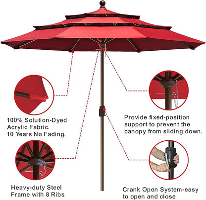 EliteShade USA 10-Year-Non-Fading 11ft 3-Tier Market Patio Umbrella, Commercial Grade Outdoor Table Umbrella with Crank Open, Windproof & UPF 50+ UV Protection, Heavy Duty Ventilation for Garden, Deck, Pool, Backyard, Beach & Bistro, No Tilt, Logo Red