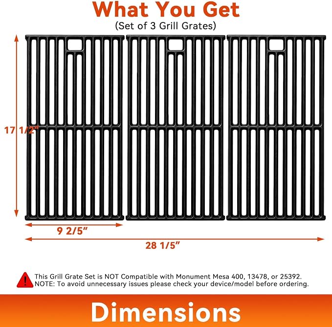 Grill Grates for Monument 24367 35633 17842, Cast Iron Grates Replacement Parts for Dyna Glo 5-Burner DGE530SSP DGE530SSP-D BGE530PSP DGF530SRP DGE530SSP-1, Cooking Grids 3 Pack