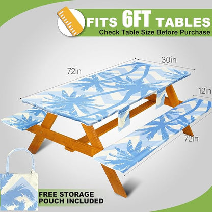 Fitted Picnic Table Cover with Bench Covers, Windproof Vinyl Table Cloths Outside Camping Cooking Backyard Furniture Seat Cushion Tablecloth Activities Party Decor Decorations Para Acampar Equipment