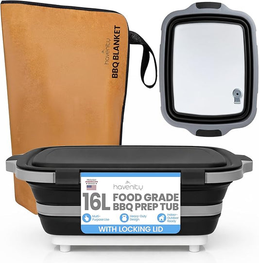 BBQ Prep Tub with BBQ Blanket, 16L Multifunctional Camping Cutting Board with lid, Collapsible Dish Basin for Meal Prep Marinating Food, Grilling & Outdoor Cooking Food Storage Container XL