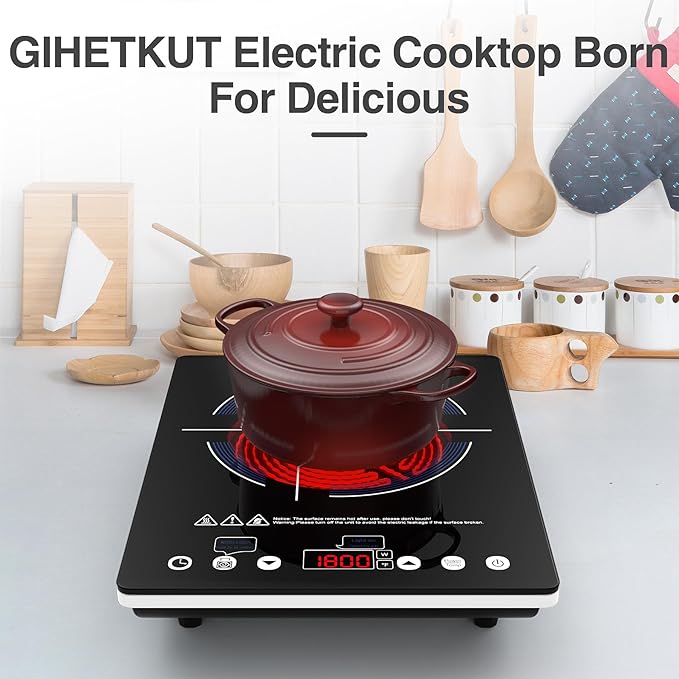 GIHETKUT Electric Cooktop Single Burner, 1800W Electric Stove Top with Touch Control, 9 Power Levels, Kids Safety Lock & Timer, Overheat Protection,110V Induction Cooktop