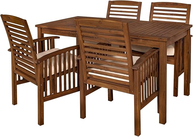 Walker Edison Rendezvous Modern 5 Piece Solid Acacia Wood Outdoor Dining Set, Set of 5, Dark Brown