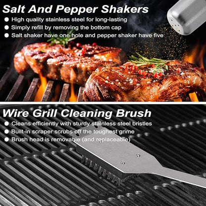 POLIGO 29 PCS BBQ Grill Accessories Stainless Steel BBQ Tools Grilling Tools Set with Storage Bag for Fathers Day Dads Birthday Presents - Camping Grill Utensils Set Ideal Grilling Gift for Men Silver