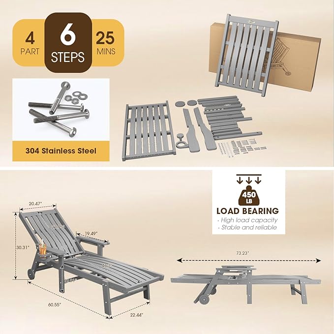 THOEOE Patio Chaise Lounge Chair Set of 4, Lounge Chair Outdoor with 5 Positions, HDPE, Patio Lounge Chair with Wheels & Cup Holder for Pool, Deck, Poolside,Grey
