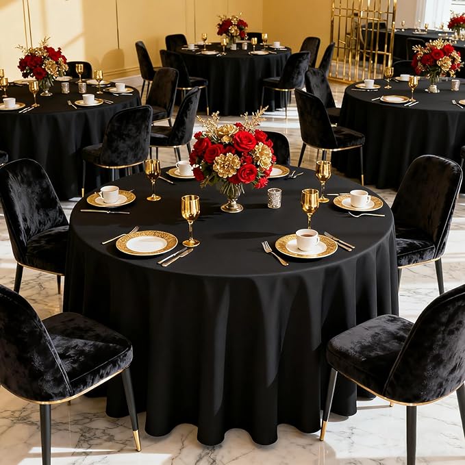 MRJ 6 Pack 90 Inch Black Round Tablecloth Washable Polyester Fabric for Wedding Banquet Holiday Party Table Cover