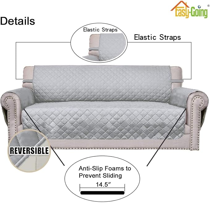 Easy-Going 4 Seater Sofa Slipcover Reversible Sofa Cover Water Resistant Couch Cover with Foam Sticks Elastic Straps Furniture Protector for Pets Children Dog Cat (XX-Large, Light Gray/Ivory) | XX-Large Sofa, Washable Slipcover For Dogs, Water Resistan...