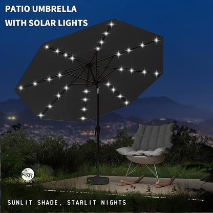 9FT Patio Umbrella with Solar Lights,Outdoor Market Umbrella with Tilt and Crank, LED Lighted Table Umbrella for Garden,Deck,Backyard,Pool,Beach (Black)