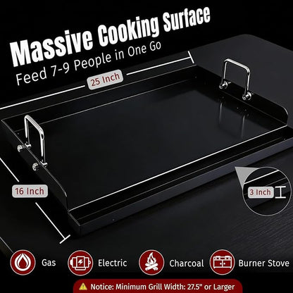 SHINESTAR 25"x16" Carbon Steel Griddle for Gas & Charcoal Grills | Pre-Seasoned Ceramic Nonstick Flat Top with Foldable Handle & Grease Groove Great for Parties, Camping & Tailgating