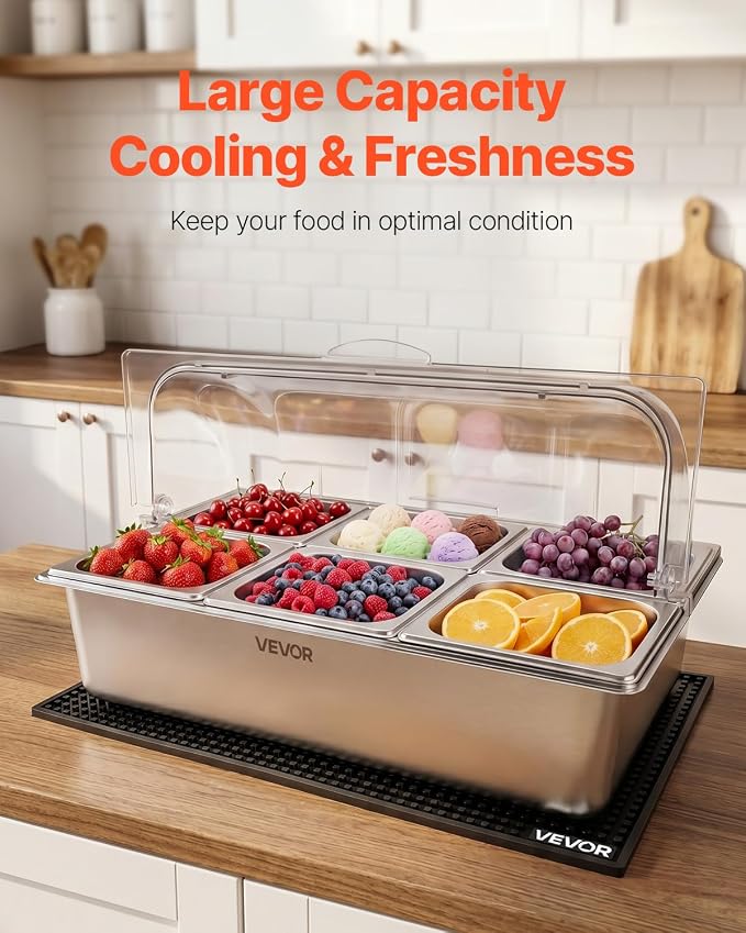 VEVOR Countertop Food Serving Display Container, Stainless Steel Food Salad Server Tray, Buffet Condiment Dispenser, Ice Cooled Rack with Clear Roll Top Cover, for Restaurant Hotel (6x1/6 Pan x2)