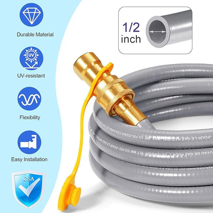 GasSaf 12 FT 1/2" ID Natural Gas Hose with Quick Connect Fitting, Natural Gas Conversion Kit for Gas Grill, Generator, Patio Heater and More - CSA Certified