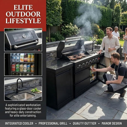 85 Inch Outdoor Kitchen Island, 4-Burner 72000 BTU Propane Gas Outdoor Kitchen Bar Barbecue Island Grill with Side/Rear Burners, With Refrigerator and Sink, Rotisserie, Granite Countertops, Storage