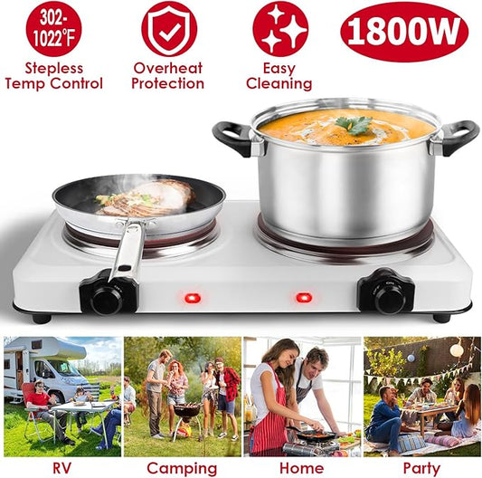 KOCASO 1800W Dual Infrared Burner Hot Plate, 7.5" & 6.3" Glass Cooktop, Stepless Temp Control 302°F-1022°F, Portable Electric Stove for Home, RV, Camping, Dorms