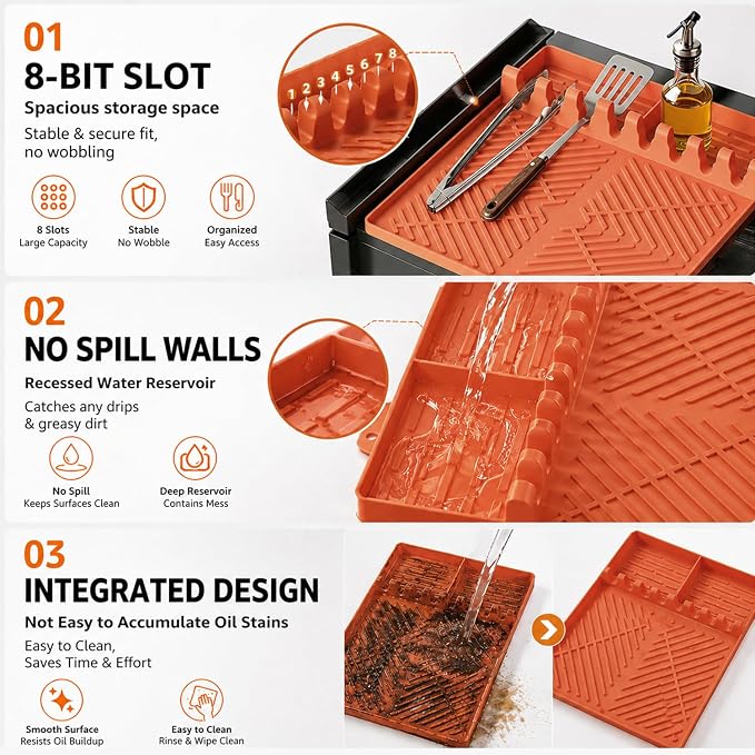 Silicone Grill Mat for Blackstone Griddle, 16x11.5 Extra-Thick Non-Slip Spatula Holder Mat with Grease Drip Pad, Heat Resistant BBQ Utensil Organizer for Side Shelf, Ideal Gifts for Men (Orange)