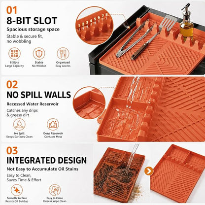 Silicone Grill Mat for Blackstone Griddle, 16x11.5 Extra-Thick Non-Slip Spatula Holder Mat with Grease Drip Pad, Heat Resistant BBQ Utensil Organizer for Side Shelf, Ideal Gifts for Men (Orange)