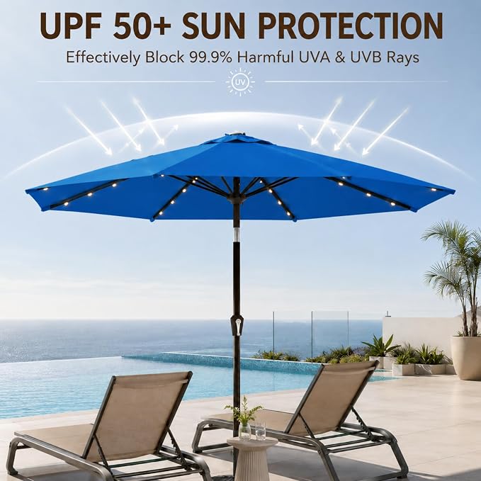 10FT Solar Lighted Patio Umbrella, Outdoor Table Market Umbrellas with Push Button Tilt and Crank, 32 LED Lights, 8 Sturdy Ribs, UV-Resistant for Deck, Garden, Pool