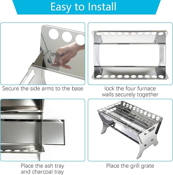 Portable Charcoal Grill, 17" All-Stainless Steel Detachable BBQ Grill, Small Charcoal Stove with Perforated Bottom Vents & Ash Tray, Disassembled Camping Grill