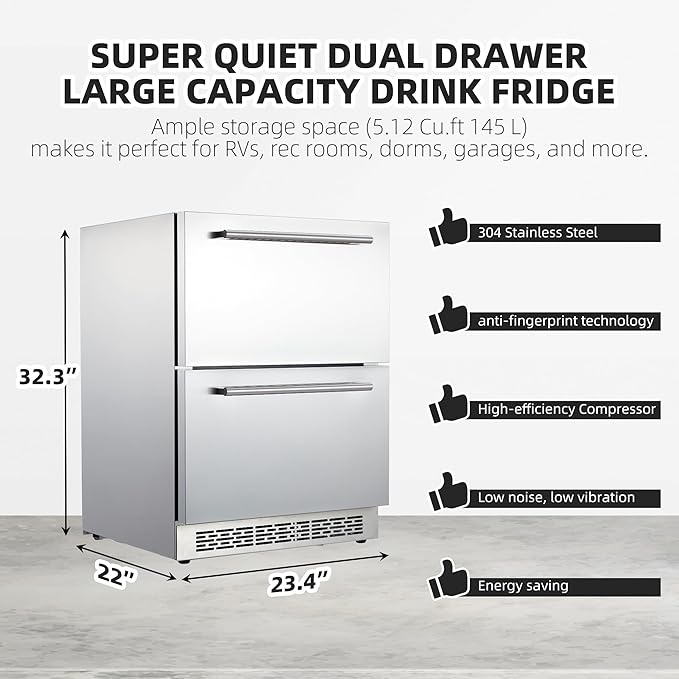 24 inch Undercounter Refrigerators with Weatherproof Full Stainless Steel Body, Built-in Beverage Refrigerator for Home and Commercial Use, Stainless Steel Door, Fast Cooling, Low Noise, 37-65 °F