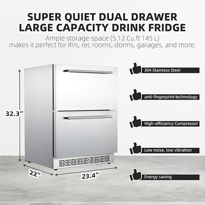 24 inch Undercounter Refrigerators with Weatherproof Full Stainless Steel Body, Built-in Beverage Refrigerator for Home and Commercial Use, Stainless Steel Door, Fast Cooling, Low Noise, 37-65 °F