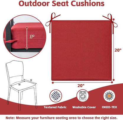 COZYVIDA Outdoor Chair Cushions Set of 4, 20"x20" Square Seat Pads with Tie Straps and YKK Zippers, 30D High-Density Foam, Water-Resistant Fabric,UV-Resistant 1000+ Hrs,Chili