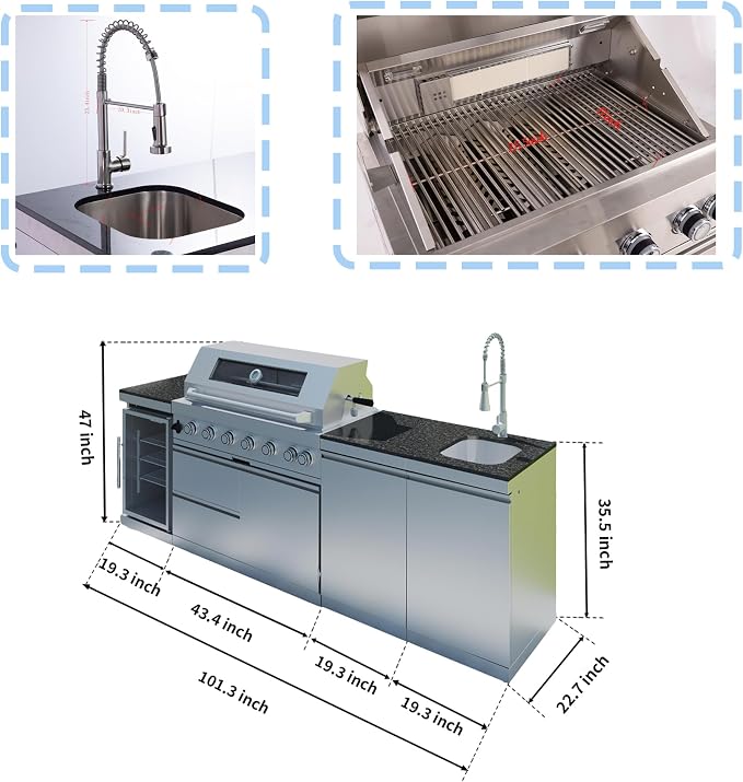 104" Modular Outdoor Kitchen Island With Grill And Side Burner, 4-burner 72,000 Btu Propane Bbq Island, Refrigerator, Separate Sink & Prep Station, For LP-Silver 85000BTU/101 Inch