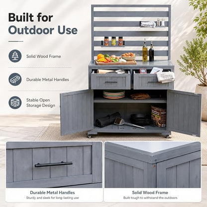 Outdoor Kitchen Island Cart with Stainless Steel Top, Grill Prep Table | Solid fir wood frame, stainless steel top, 64.9 in height, 3 movable shelves, lockable wheels, 110 lb top, BBQ and garden use
