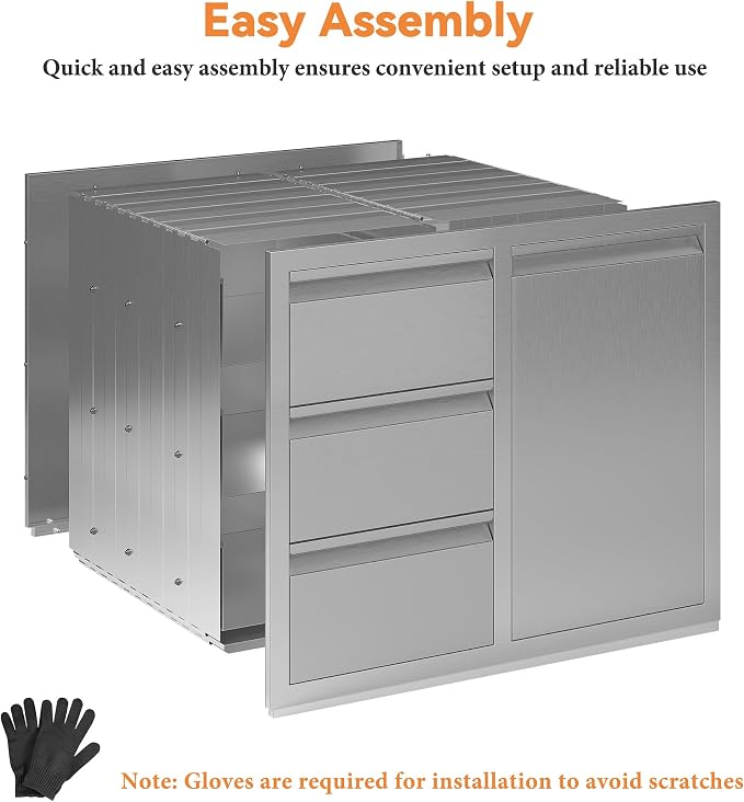 Jocisland 28" W×20" D×23" H Stainless Steel Outdoor Kitchen Drawers, Single Trash Drawer with Door & 3-Drawer Cabinet, Built-in BBQ Island Storage for Outdoor Kitchens