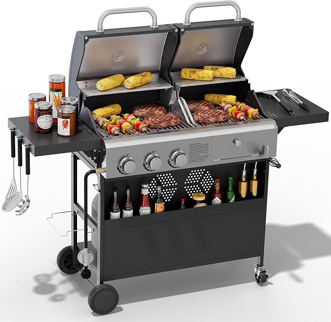 Propane Gas Grill and Charcoal Grill Combo for Outdoor Cooking, 3 Burners, Porcelain-Enameled Cast Iron Grates, Foldable Side Shelves, Dual Fuel BBQ Grill for Patio, Backyard, Camping