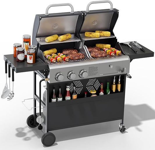 Propane Gas Grill and Charcoal Grill Combo for Outdoor Cooking, 3 Burners, Porcelain-Enameled Cast Iron Grates, Foldable Side Shelves, Dual Fuel BBQ Grill for Patio, Backyard, Camping