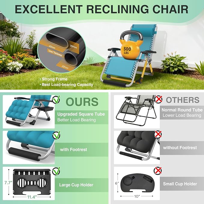Suteck Oversized Zero Gravity Chair,29In XL Lounge Chairs | w/Removable Cushion&Headrest, Reclining Camping Chair w/Upgraded Lock and Footrest, Folding Patio Recliner for Indoor Outdoor