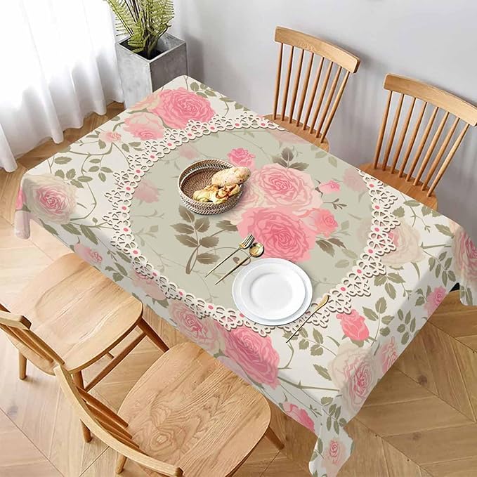 TKS MITLAN Shabby Chic Rose Pattern Tablecloth Decor Lace Frame with A Bouquet of Roses Table Cloth Dining Room Kitchen Table Cover 60" X 84" Oblong/Rectangle