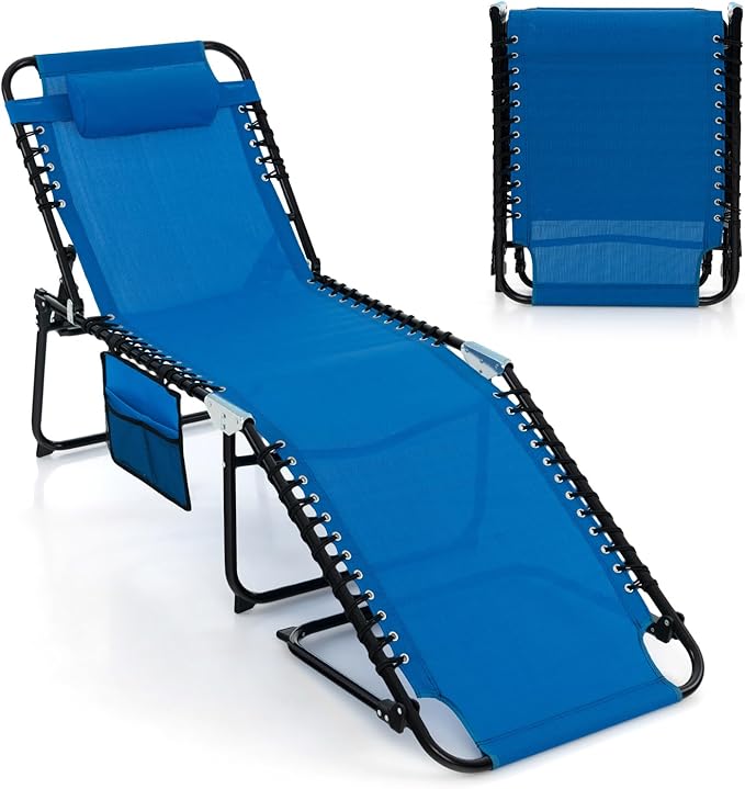 COSTWAY Folding Chaise Lounge Chair, Foldable Pool Lounger with 4-Position Adjustable Backrest, 2-Position Footrest & Soft Pillow, Patio Tanning Chair for Beach, Poolside (1, Navy)