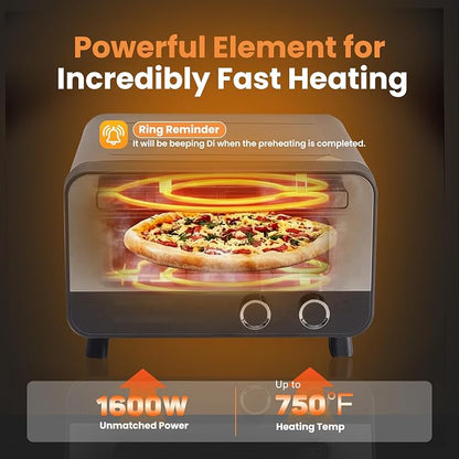 DUMOS Pizza Oven Indoor, 1600W Electric Pizza Maker Fast Heating, 6 Presets for 12 Inches Pizzas, with Stone & Spatula, Upper-Bottom Independent Heating Temperature Control