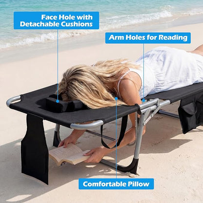 GYMAX Tanning Chair, Folding Lounger with Face/Arm Holes, Carry Handles & Side Pocket, Portable Lightweight Layout Beach Chair for Outdoor/Indoor, Face Down Sun Lounger (1, Black)