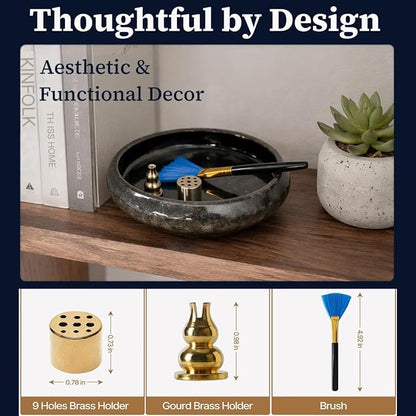 6 Inch Japanese Incense Holder for Stick,Ceramic Handmade Black | Incense Burner Bowl,9-Hole Design for Sticks,Cones,Coils Sage,Palo Santo - Perfect for Meditation,Yoga & Zen Home Décor