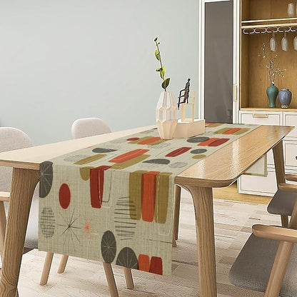 Retro Abstract Geometric Table Runner, Vintage Shapes Stars Mid Century Boho Retro Linen Textured Weave Dinner Runner for Home Kitchen Dining Table Decoration 13"x70"