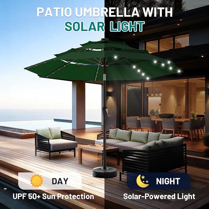 AreShark 9ft 3 Tiers Patio Umbrella with Solar Lights, Outdoor Umbrella w/ 32 LED Lights&8 Sturdy Ribs, Table Umbrella for Deck, Backyard, Pool (Dark Green)
