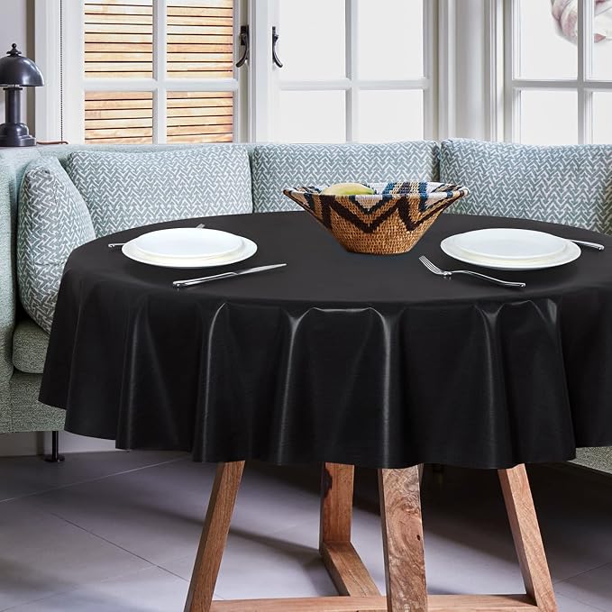 sancua 100% Waterproof Vinyl Tablecloth Table Cloth 60 Inch Round, Black | Oil Spill Proof, PVC Material, Wipe Clean Table Cover for Dining Tables, Buffet Parties and Camping