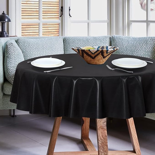 sancua 100% Waterproof Vinyl Tablecloth Table Cloth 60 Inch Round, Black | Oil Spill Proof, PVC Material, Wipe Clean Table Cover for Dining Tables, Buffet Parties and Camping
