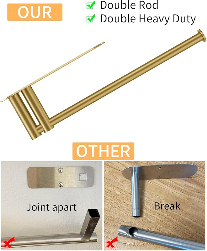 STWWO Under Cabinet Paper Towel Holder, Self Adhesive Paper Towel Rack Gold | Under Counter Under Sink Paper Towel Holder, Self-Adhesive or Wall Mounted, Fits Kitchens Bathrooms & RV