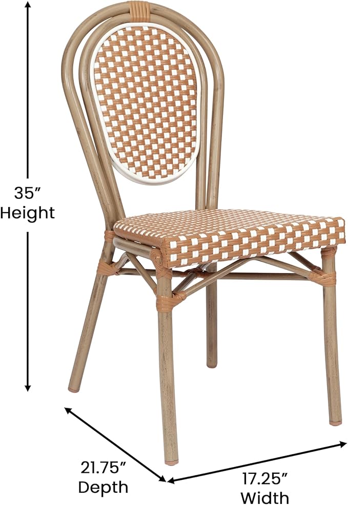 Flash Furniture Lourdes Indoor/Outdoor Commercial Thonet French Bistro Stack Chair - NAT/White PE Rattan Back and Seat - Light Natural Bamboo Print Metal Frame - 2 PK