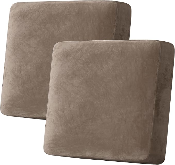 H.VERSAILTEX Velvet Stretch Couch Cushion Cover Plush Cushion Slipcover for Chair Loveseat Sofa Cushion Furniture Protector Seat Cushion Sofa Cover (2 Piece Large Sofa Cushion Covers, Mocha)