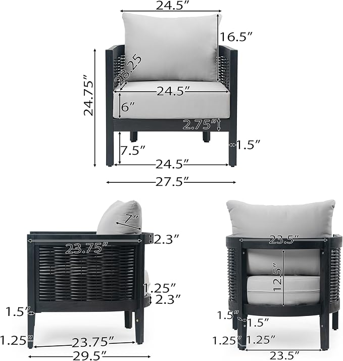 Christopher Knight Home Newine Acacia Wood Patio Accent Chair, Wooden Lounge Chair Outdoor, Wicker Club Chair with Removable Cushion, Comfy Reading Chair for Backyard/Garden/Balcony, Black+Light Grey