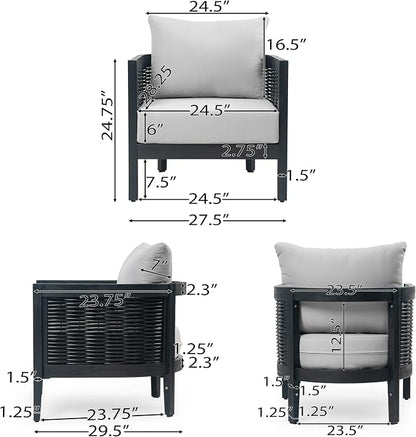 Christopher Knight Home Newine Acacia Wood Patio Accent Chair, Wooden Lounge Chair Outdoor, Wicker Club Chair with Removable Cushion, Comfy Reading Chair for Backyard/Garden/Balcony, Black+Light Grey