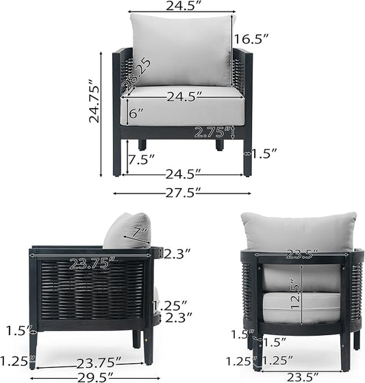 Christopher Knight Home Newine Acacia Wood Patio Accent Chair, Wooden Lounge Chair Outdoor, Wicker Club Chair with Removable Cushion, Comfy Reading Chair for Backyard/Garden/Balcony, Black+Light Grey